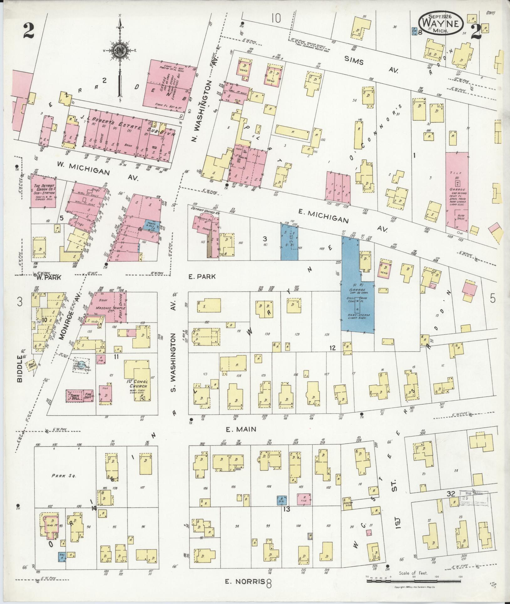 Sanborn Fire Insurance Map from Wayne, Wayne County, Michigan (1926), Sheet #0002 - Historic Sanborn Fire Insurance Map Print, vintage old map wall art, antique decor, genealogy gift, Michigan Michigan map