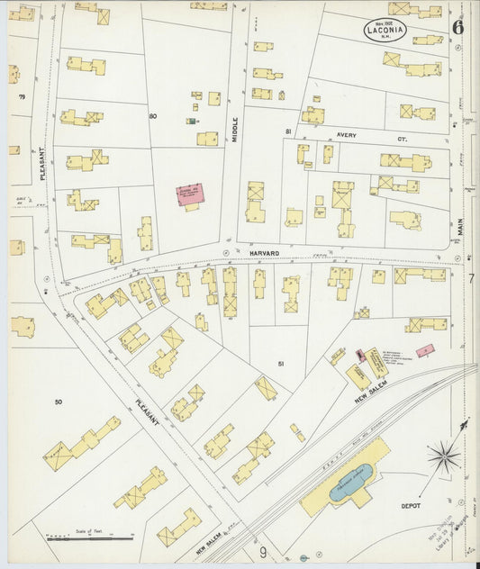 Sanborn Fire Insurance Map from Laconia, Belknap County, New Hampshire (1902), Sheet #0006 - Historic Sanborn Fire Insurance Map Print, vintage old map wall art, antique decor, genealogy gift, New Hampshire New Hampshire map