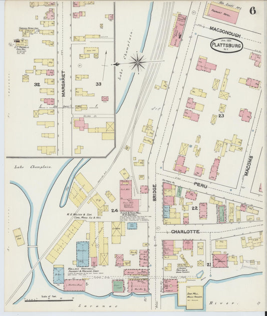 Sanborn Fire Insurance Map from Plattsburg, Clinton County, New York (1891), Sheet #0006 - Historic Sanborn Fire Insurance Map Print, vintage old map wall art, antique decor, genealogy gift, New York New York map