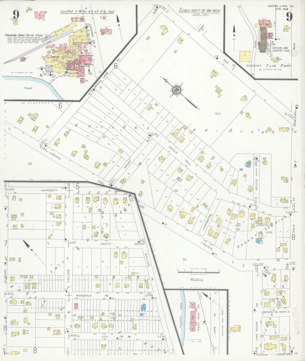 Sanborn Fire Insurance Map from Crystal Lake, McHenry County, Illinois (1936), Sheet #0009 - Historic Sanborn Fire Insurance Map Print, vintage old map wall art, antique decor, genealogy gift, Illinois Illinois map