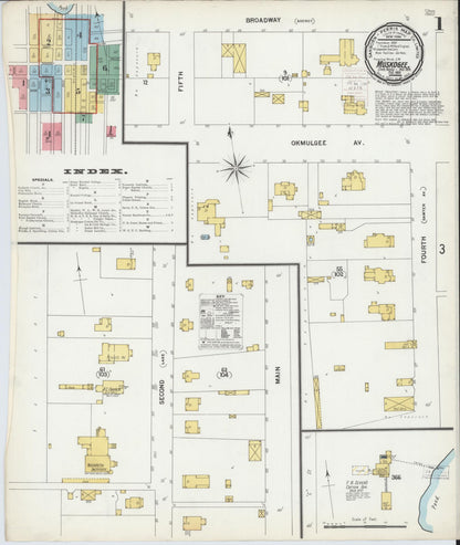 Sanborn Fire Insurance Map from Muskogee, Muskogee County, Oklahoma (1900), Sheet #0001 - Complete Map Set gallery image, historic Sanborn map, vintage wall art, Oklahoma Oklahoma