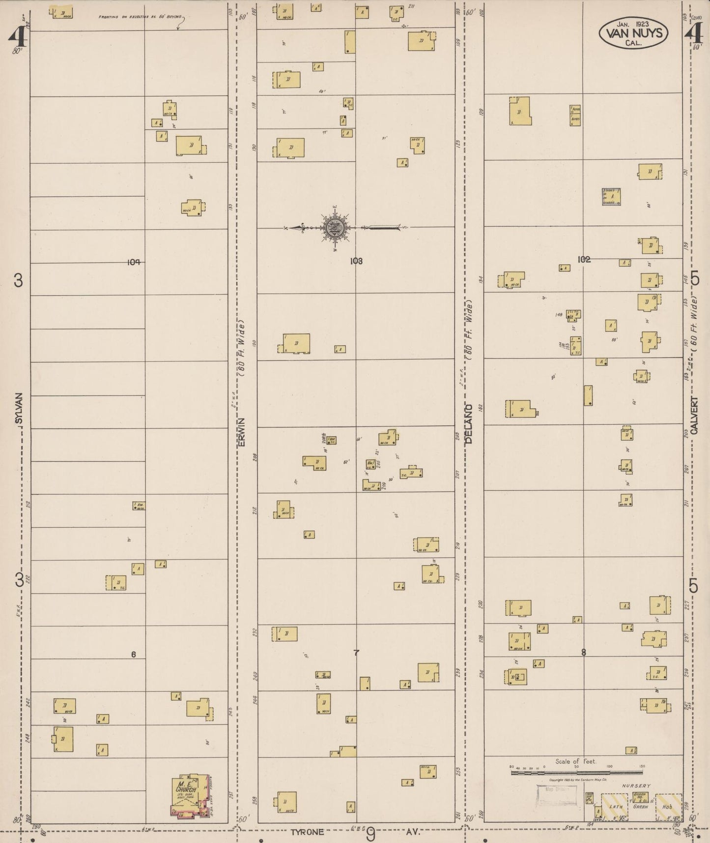 Sanborn Fire Insurance Map from Van Nuys, Los Angeles County, California (1923), Sheet #0004 - Complete Map Set gallery image, historic Sanborn map, vintage wall art, California California