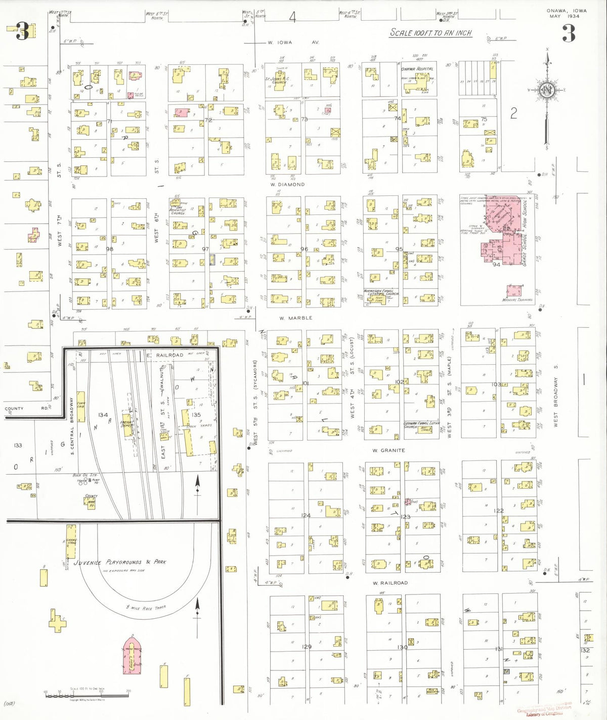 Sanborn Fire Insurance Map from Onawa, Monona County, Iowa (1934), Sheet #0003 - Historic Sanborn Fire Insurance Map Print, vintage old map wall art