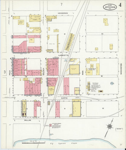 Sanborn Fire Insurance Map from Jefferson, Marion County, Texas (1911), Sheet #0004 - Historic Sanborn Fire Insurance Map Print, vintage old map wall art, antique decor, genealogy gift, Texas Texas map