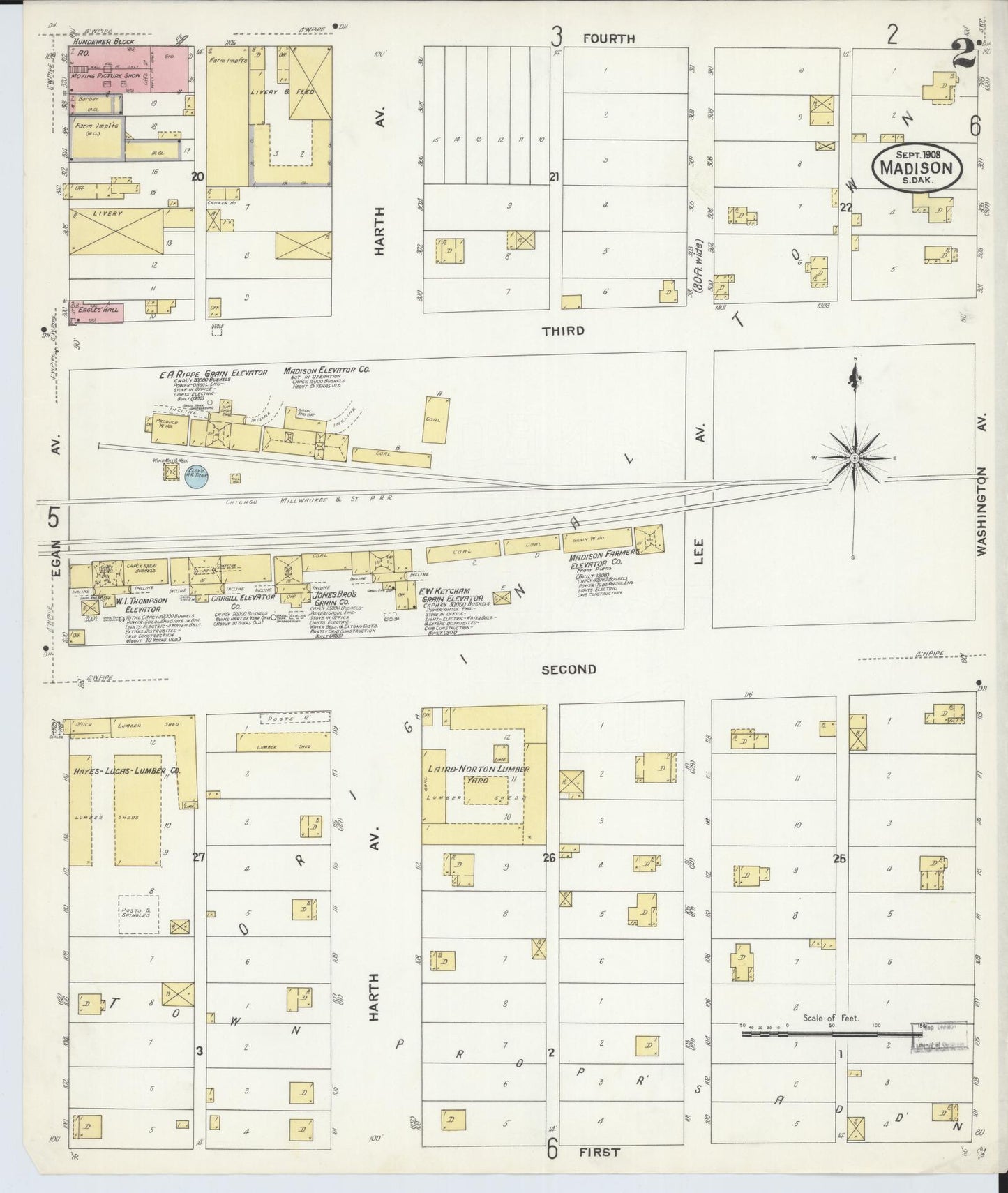 Sanborn Fire Insurance Map from Madison, Lake County, South Dakota (1908), Sheet #0002 - Complete Map Set gallery image, historic Sanborn map, vintage wall art, South Dakota South Dakota
