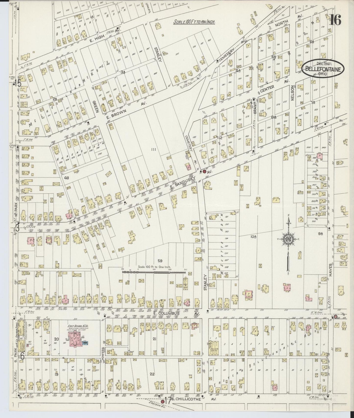 Sanborn Fire Insurance Map from Bellefontaine, Logan County, Ohio (1914), Sheet #0016 - Historic Sanborn Fire Insurance Map Print, vintage old map wall art, antique decor, genealogy gift, Ohio Ohio map