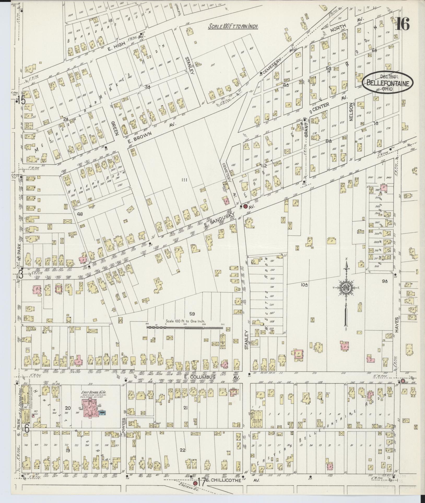 Sanborn Fire Insurance Map from Bellefontaine, Logan County, Ohio (1914), Sheet #0016 - Historic Sanborn Fire Insurance Map Print, vintage old map wall art, antique decor, genealogy gift, Ohio Ohio map