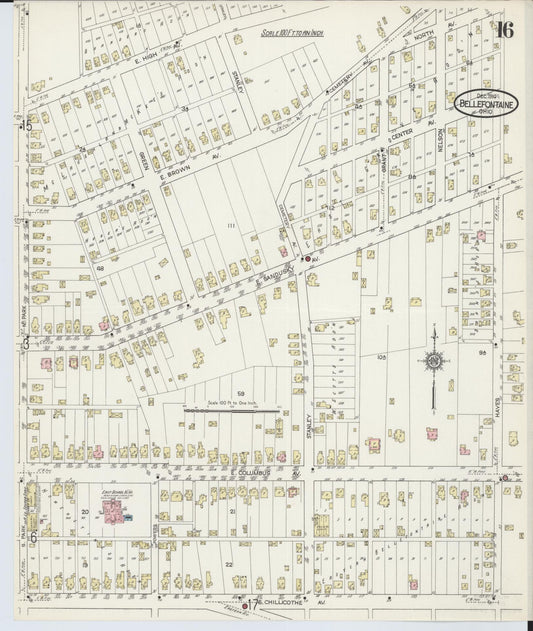 Sanborn Fire Insurance Map from Bellefontaine, Logan County, Ohio (1914), Sheet #0016 - Historic Sanborn Fire Insurance Map Print, vintage old map wall art, antique decor, genealogy gift, Ohio Ohio map