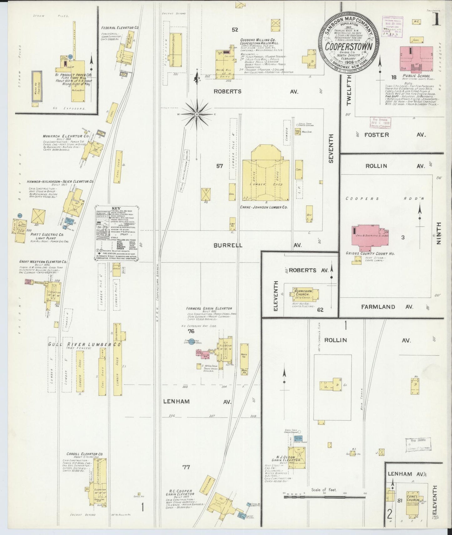 Sanborn Fire Insurance Map from Cooperstown, Griggs County, North Dakota (1908), Sheet #0001 - Historic Sanborn Fire Insurance Map Print, vintage old map wall art, antique decor, genealogy gift, North Dakota North Dakota map