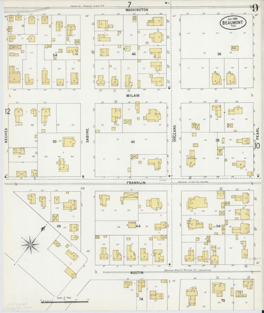 Sanborn Fire Insurance Map from Beaumont, Jefferson County, Texas (1899), Sheet #0009 - Historic Sanborn Fire Insurance Map Print, vintage old map wall art, antique decor, genealogy gift, Texas Texas map