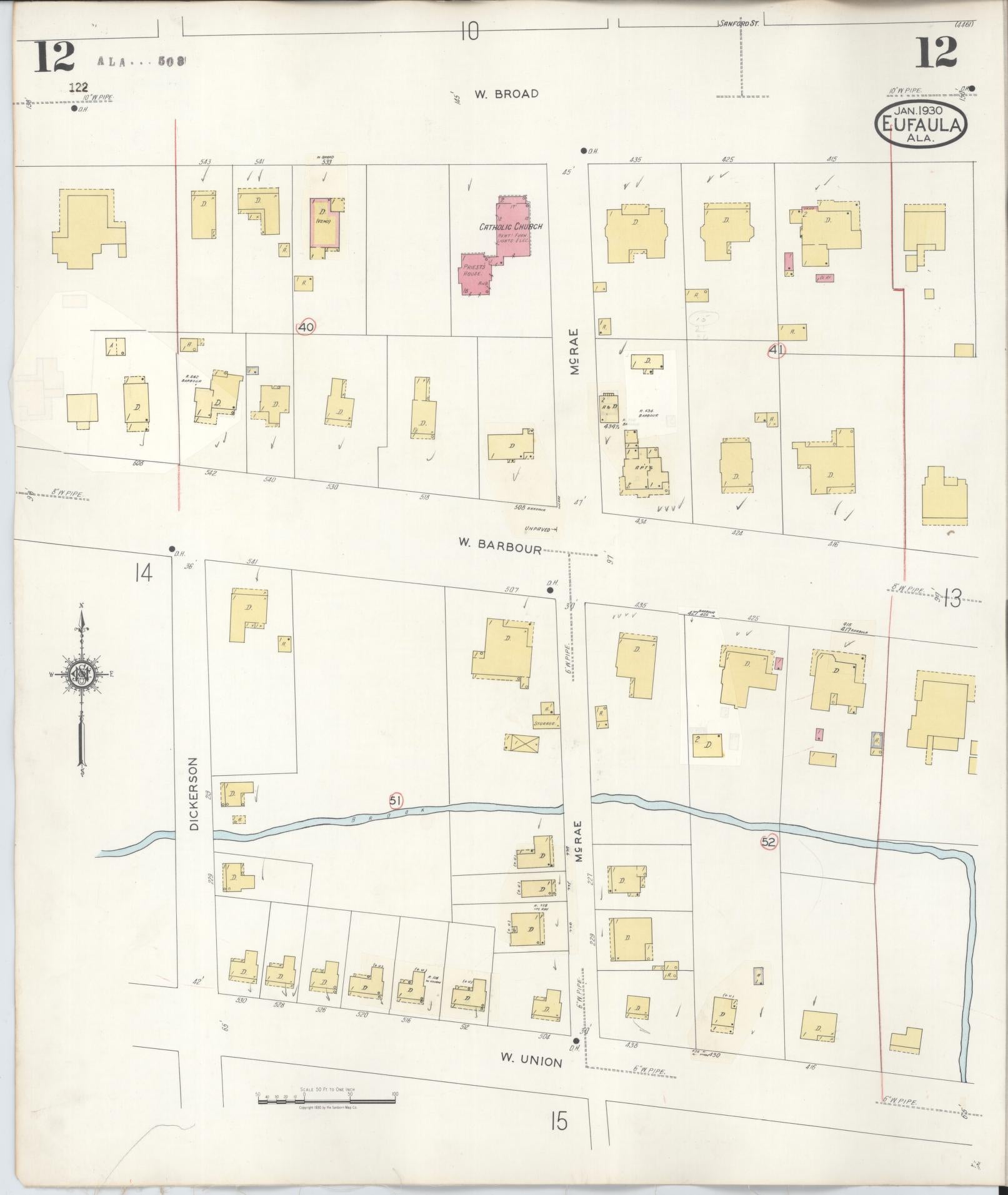 Sanborn Fire Insurance Map from Eufaula, Barbour County, Alabama (1950), Sheet #0012 - Historic Sanborn Fire Insurance Map Print, vintage old map wall art, antique decor, genealogy gift, Alabama Alabama map