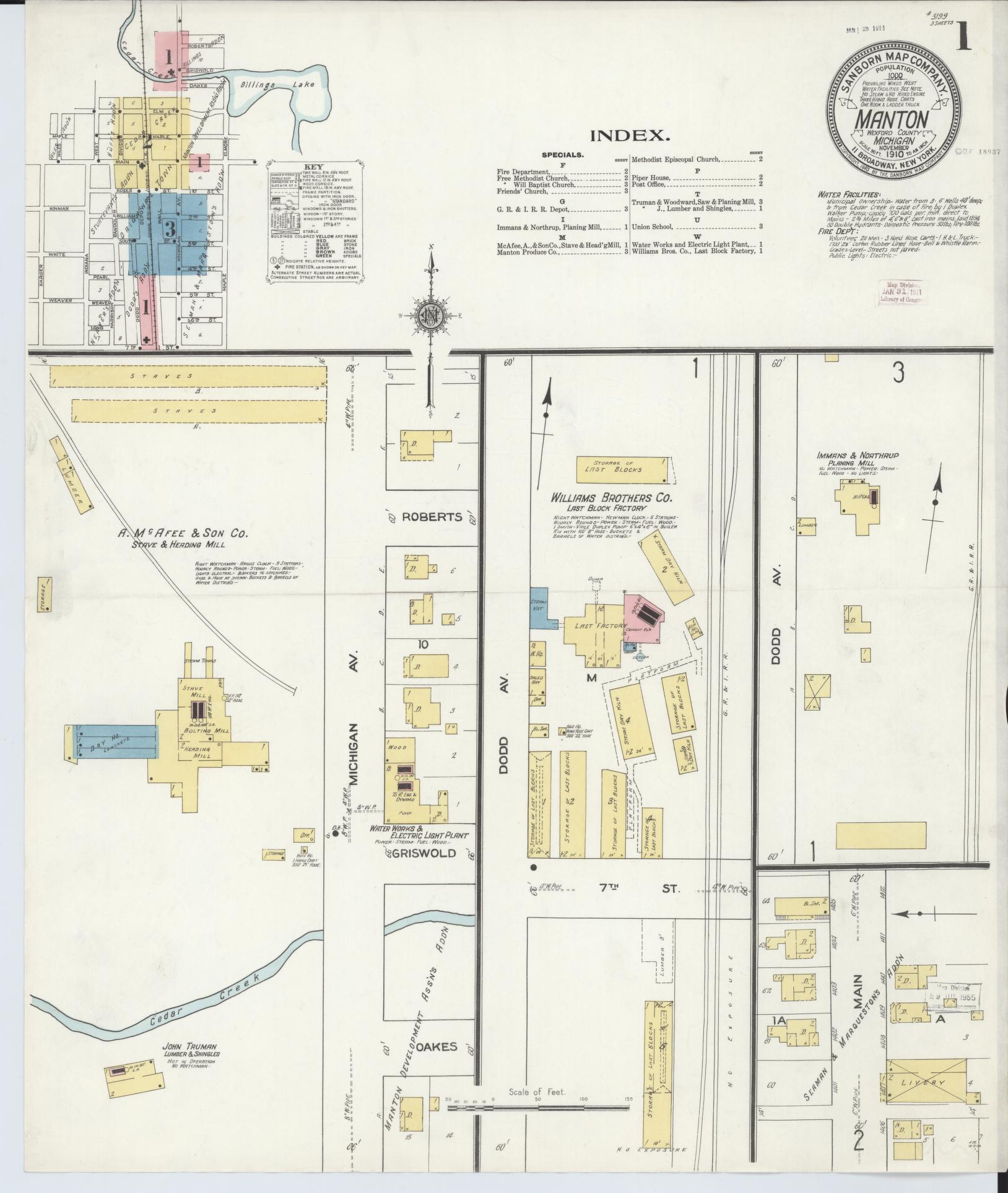 Sanborn Fire Insurance Map from Manton, Wexford County, Michigan (1910), Sheet #0001 - Complete Map Set gallery image, historic Sanborn map, vintage wall art, Michigan Michigan