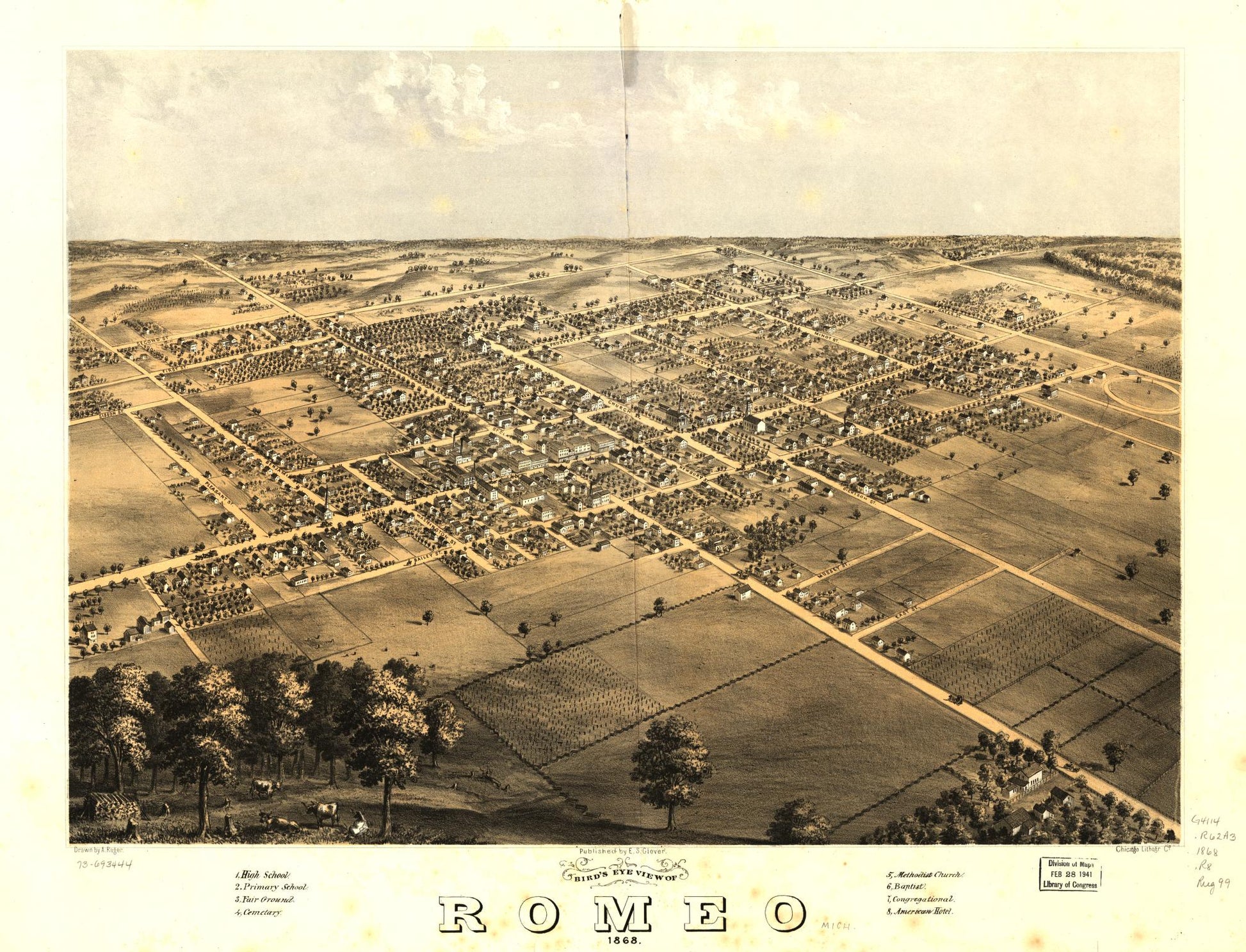 Bird's eye view of Romeo 1868. (1868) – Historic Bird’s-Eye View Panorama Print
