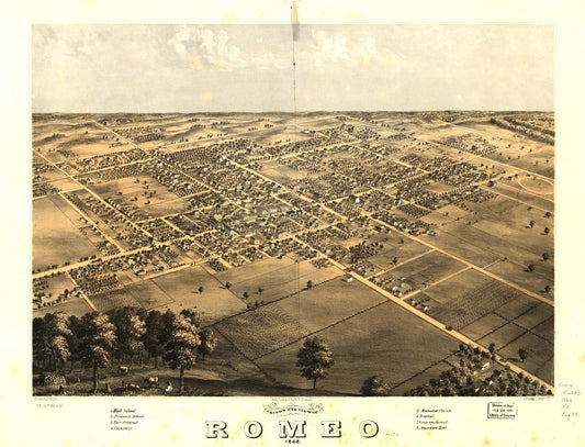 Bird's eye view of Romeo 1868. (1868) – Historic Bird’s-Eye View Panorama Print