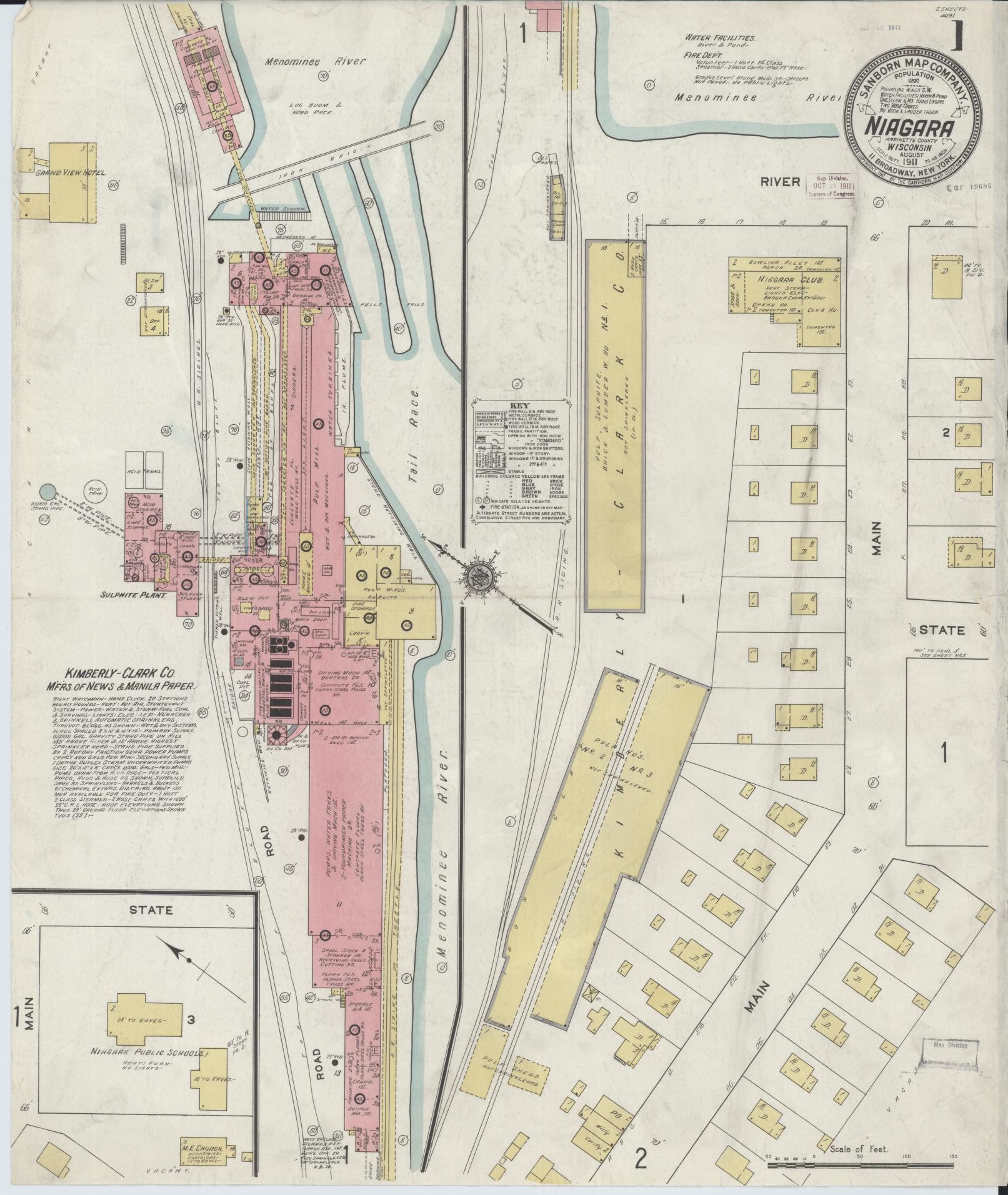 Sanborn Fire Insurance Map from Niagara, Marinette County, Wisconsin (1911), Sheet #0001 - Complete Map Set gallery image, historic Sanborn map, vintage wall art, Wisconsin Wisconsin