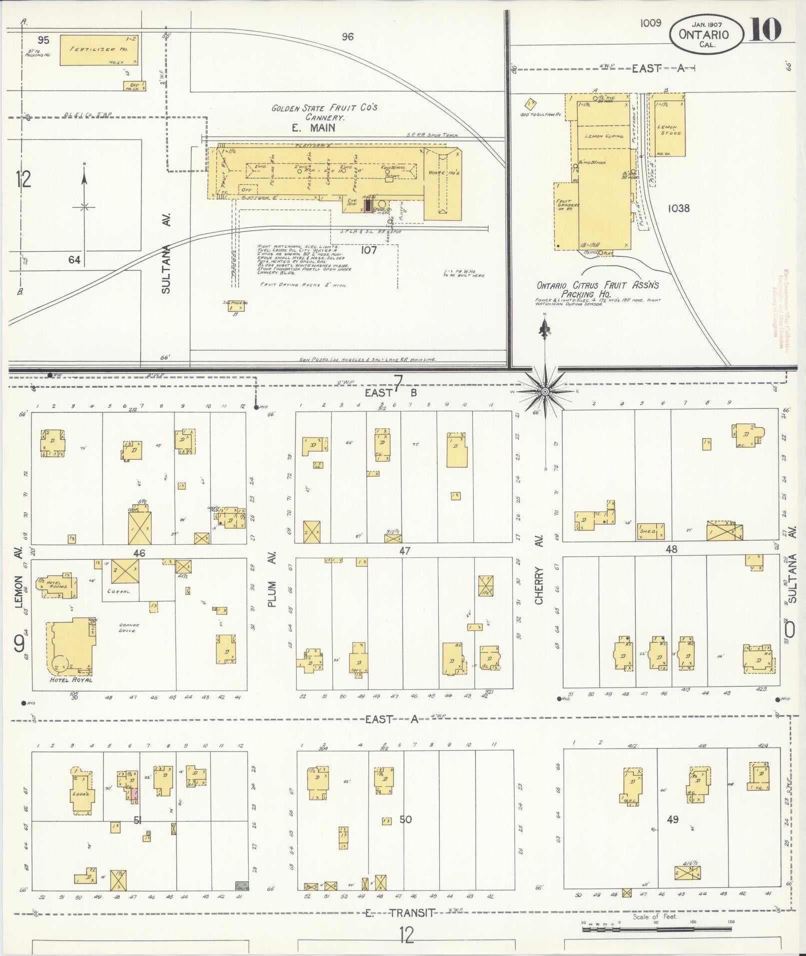 Sanborn Fire Insurance Map from Ontario, San Bernardino County, California (1907), Sheet #0010 - Historic Sanborn Fire Insurance Map Print, vintage old map wall art, antique decor, genealogy gift, California California map