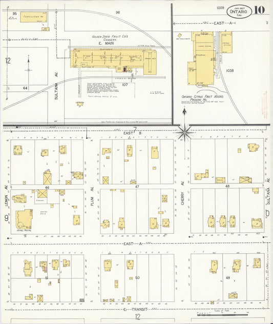 Sanborn Fire Insurance Map from Ontario, San Bernardino County, California (1907), Sheet #0010 - Historic Sanborn Fire Insurance Map Print, vintage old map wall art, antique decor, genealogy gift, California California map