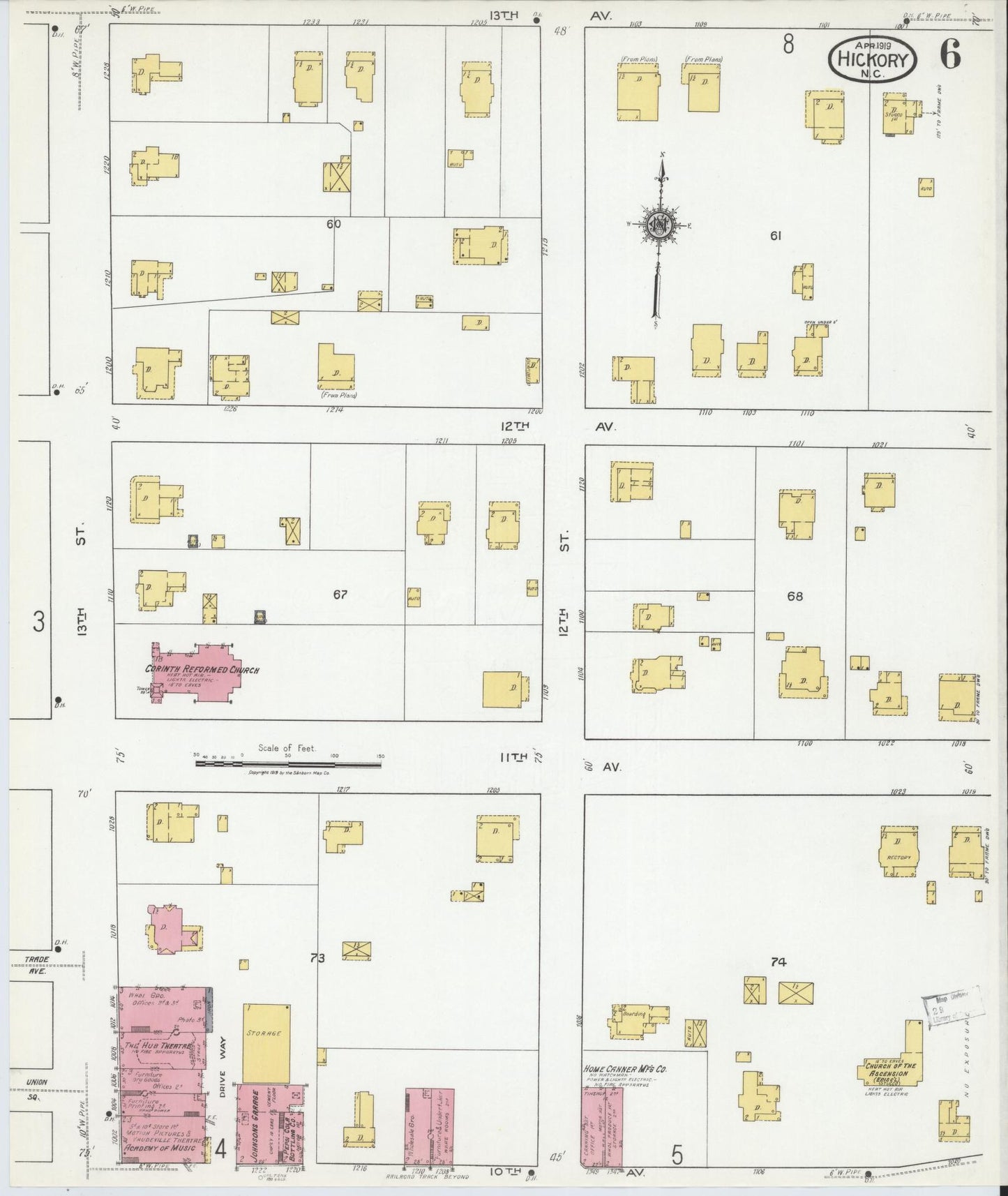 Sanborn Fire Insurance Map from Hickory, Catawba County, North Carolina (1919), Sheet #0006 - Complete Map Set gallery image, historic Sanborn map, vintage wall art, North Carolina North Carolina