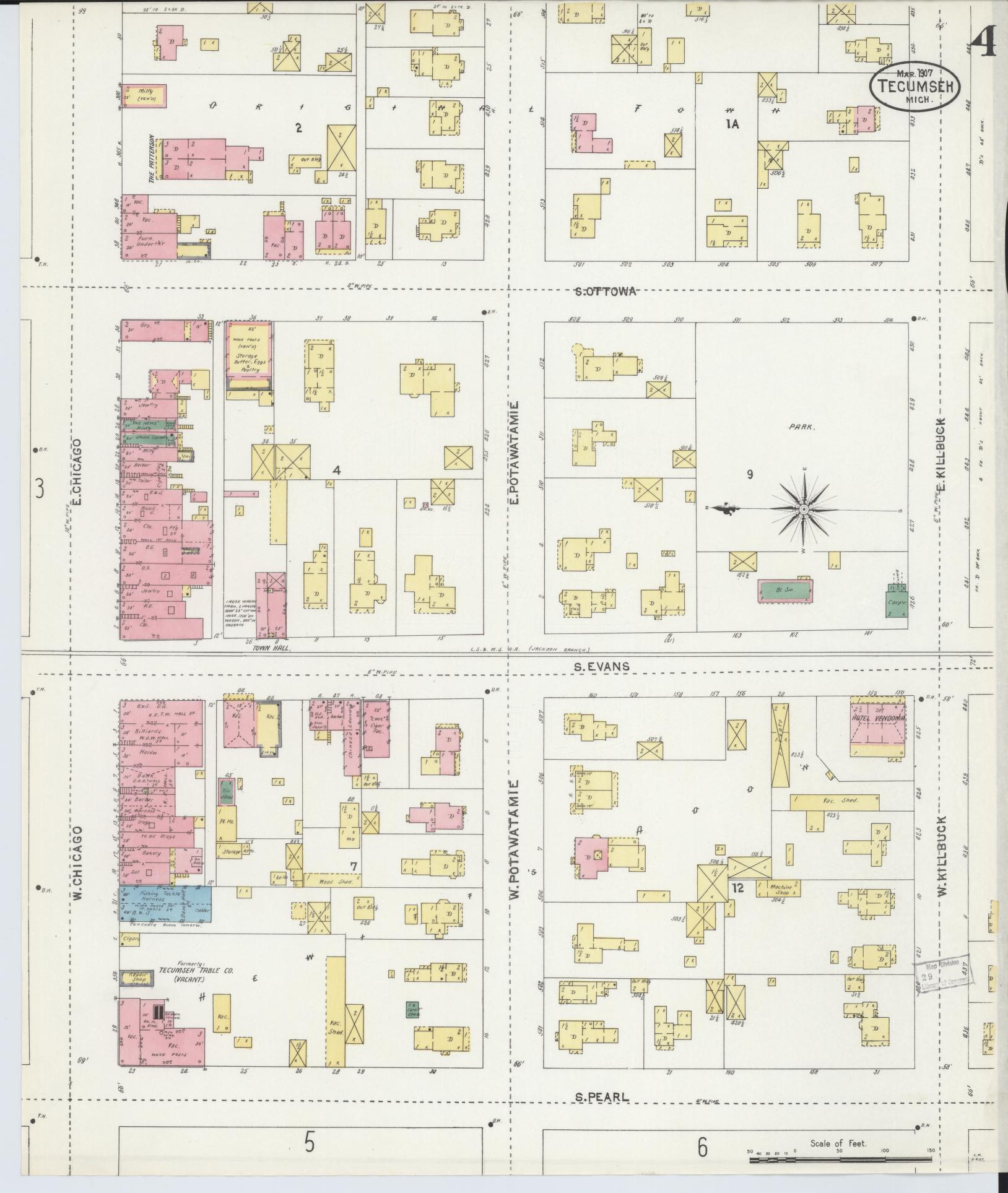 Sanborn Fire Insurance Map from Tecumseh, Lenawee County, Michigan (1907), Sheet #0004 - Complete Map Set gallery image, historic Sanborn map, vintage wall art, Michigan Michigan