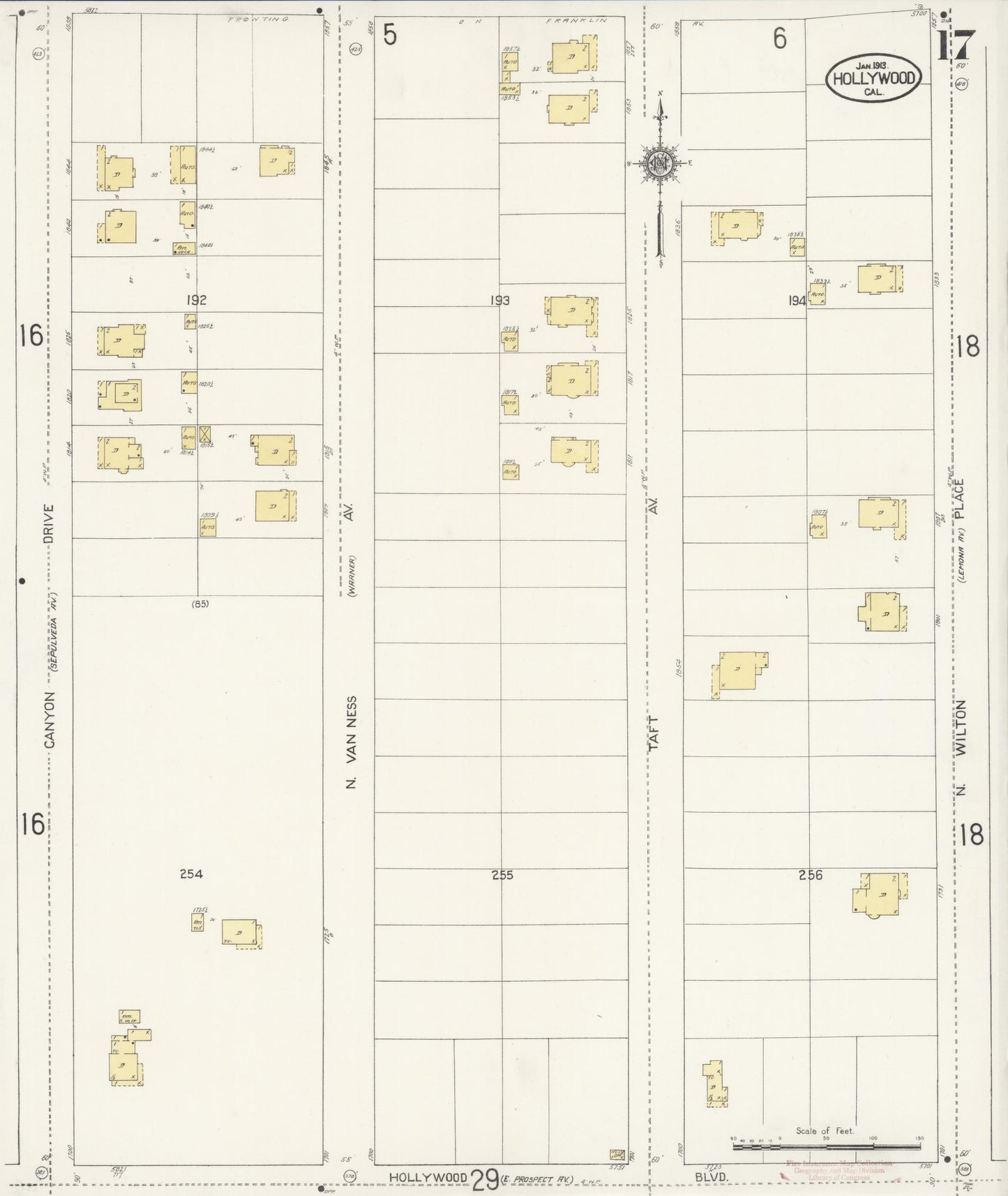 Sanborn Fire Insurance Map from Hollywood, Los Angeles County, California (1913), Sheet #0017 - Historic Sanborn Fire Insurance Map Print, vintage old map wall art, antique decor, genealogy gift, California California map