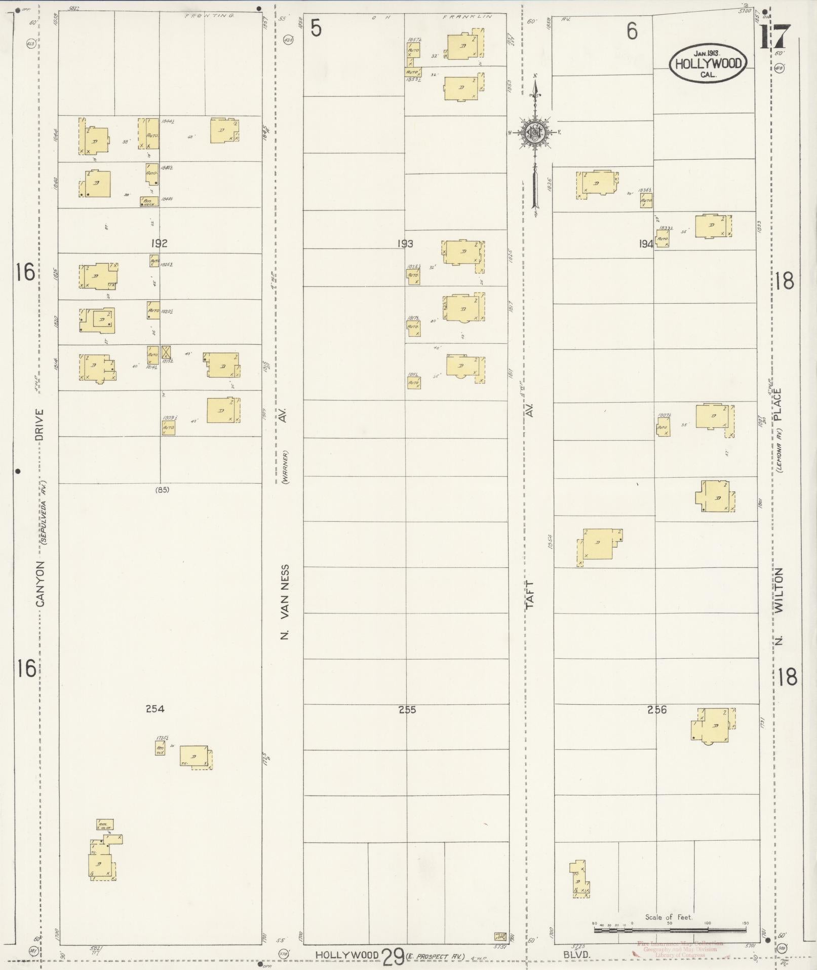 Sanborn Fire Insurance Map from Hollywood, Los Angeles County, California (1913), Sheet #0017 - Historic Sanborn Fire Insurance Map Print, vintage old map wall art, antique decor, genealogy gift, California California map