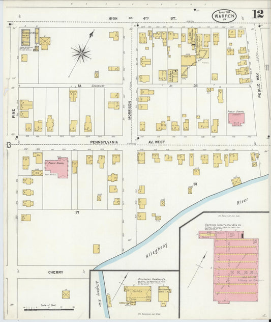 Sanborn Fire Insurance Map from Warren, Warren County, Pennsylvania (1904), Sheet #0012 - Historic Sanborn Fire Insurance Map Print, vintage old map wall art, antique decor, genealogy gift, Pennsylvania Pennsylvania map