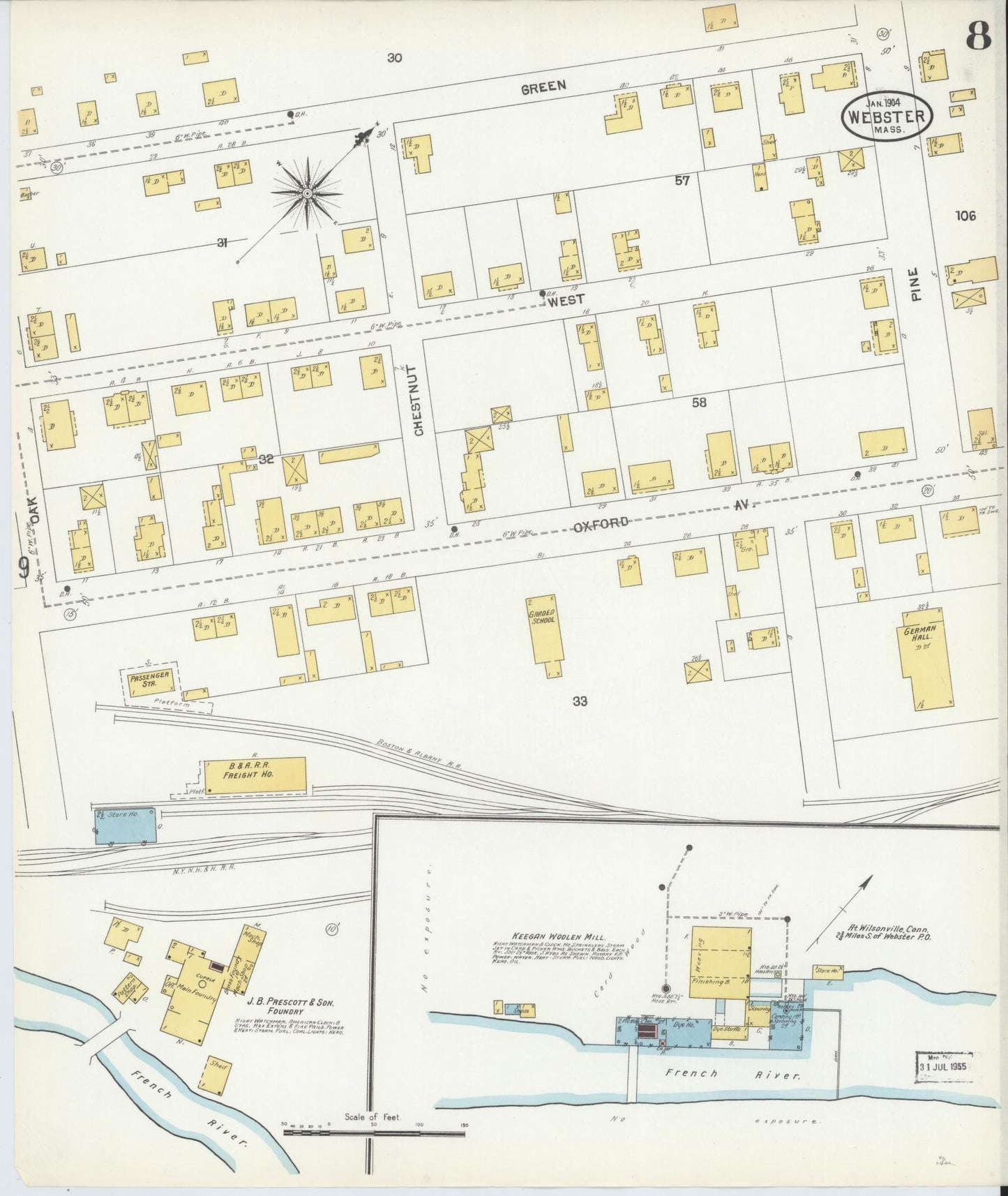 Sanborn Fire Insurance Map from Webster, Worcester County, Massachusetts (1904), Sheet #0008 - Complete Map Set gallery image, historic Sanborn map, vintage wall art, Massachusetts Massachusetts
