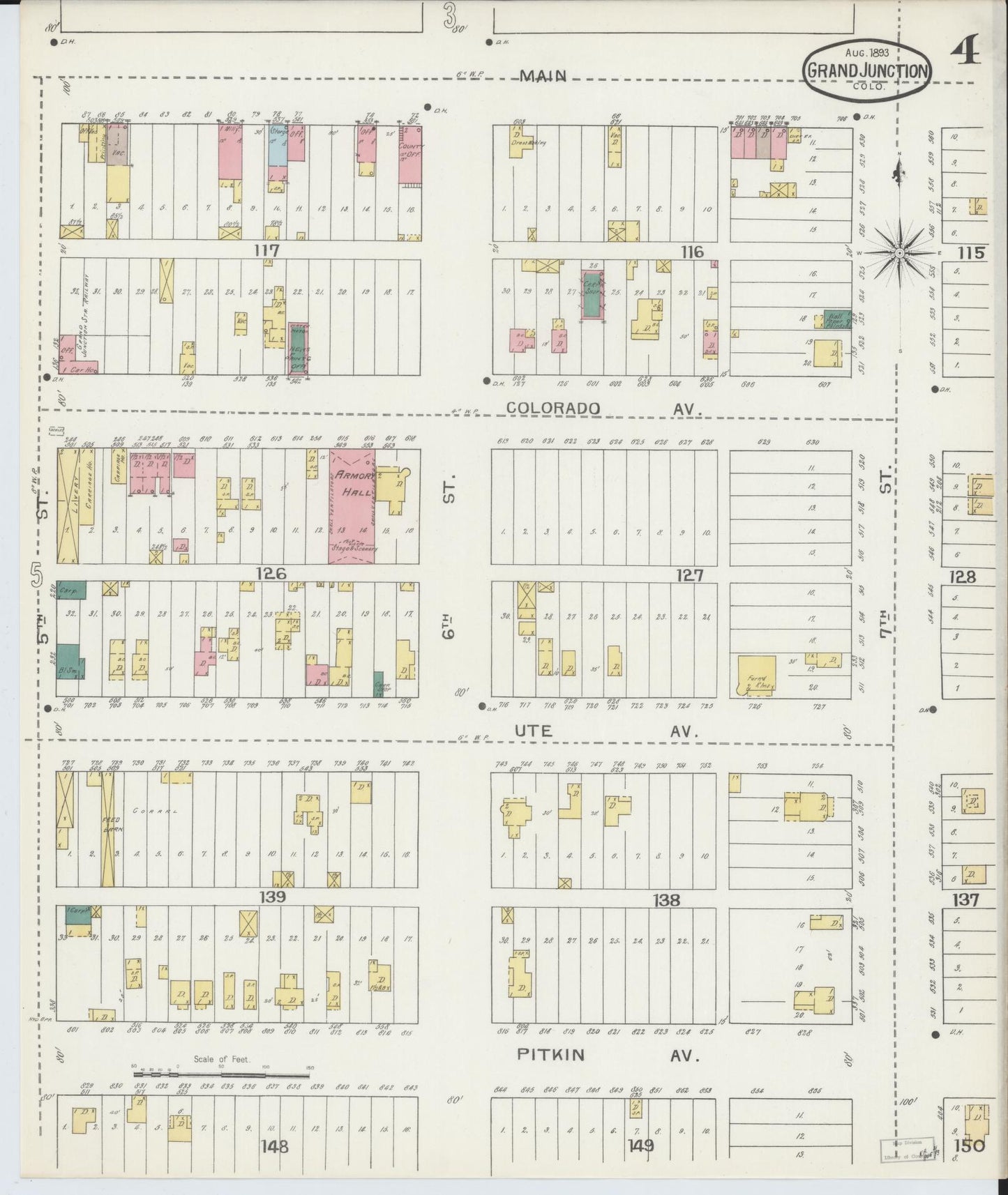 Sanborn Fire Insurance Map from Grand Junction, Mesa County, Colorado (1893), Sheet #0004 - Historic Sanborn Fire Insurance Map Print, vintage old map wall art, antique decor, genealogy gift, Colorado Colorado map