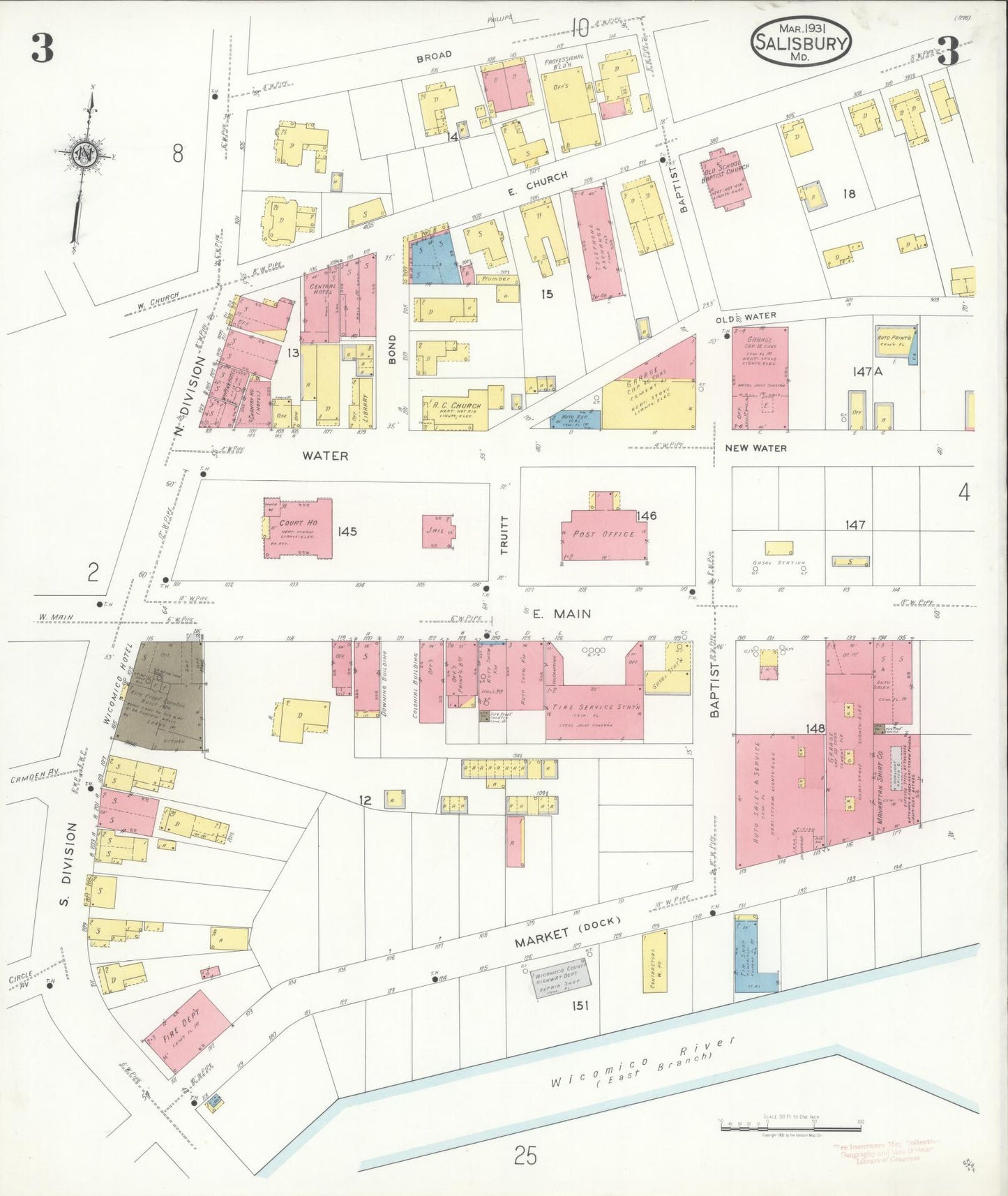 Sanborn Fire Insurance Map from Salisbury, Wicomico County, Maryland (1931), Sheet #0003 - Complete Map Set gallery image, historic Sanborn map, vintage wall art, Maryland Maryland