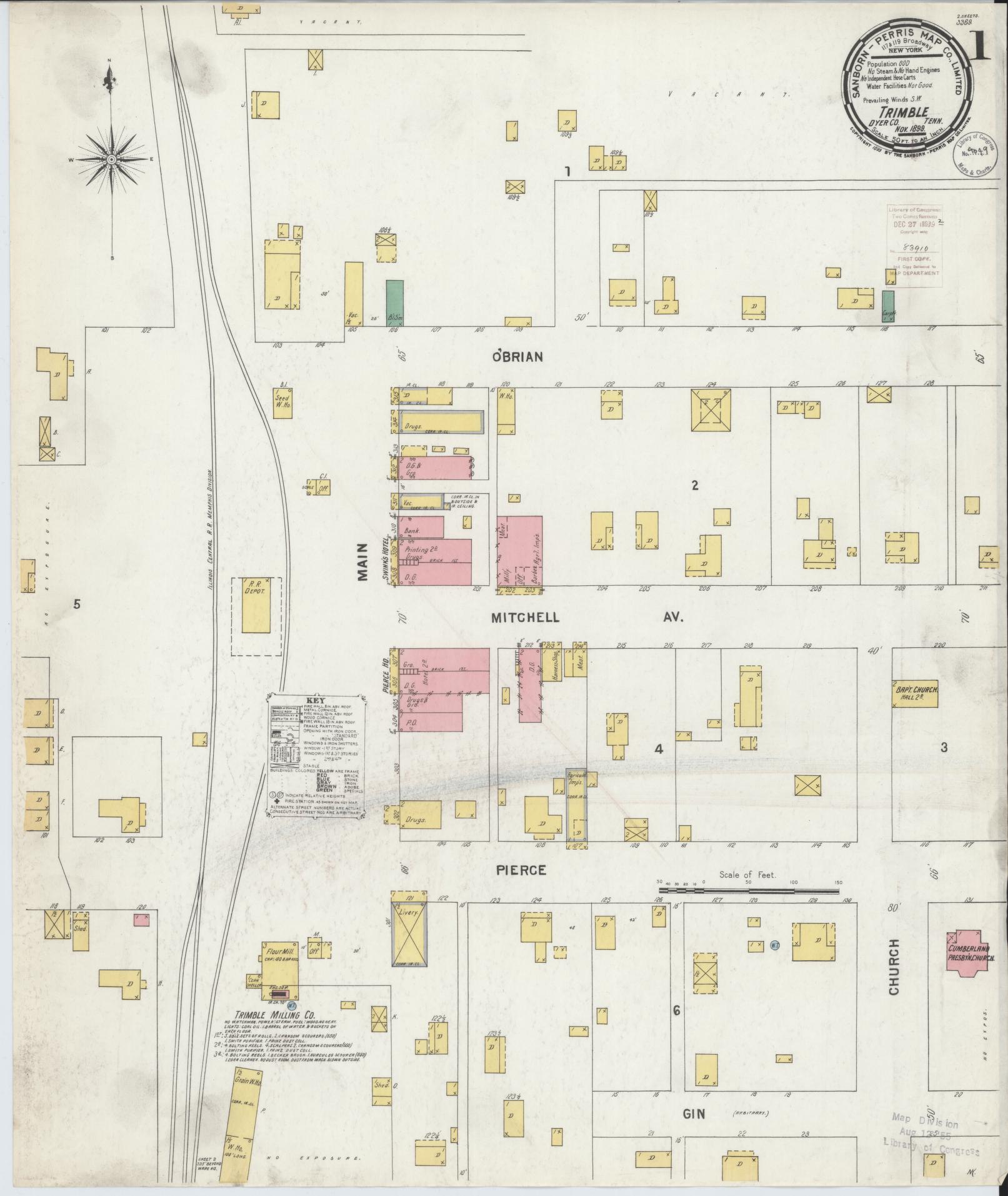 Sanborn Fire Insurance Map from Trimble, Dyer County, Tennessee (1899), Sheet #0001 - Historic Sanborn Fire Insurance Map Print, vintage old map wall art, antique decor, genealogy gift, Tennessee Tennessee map