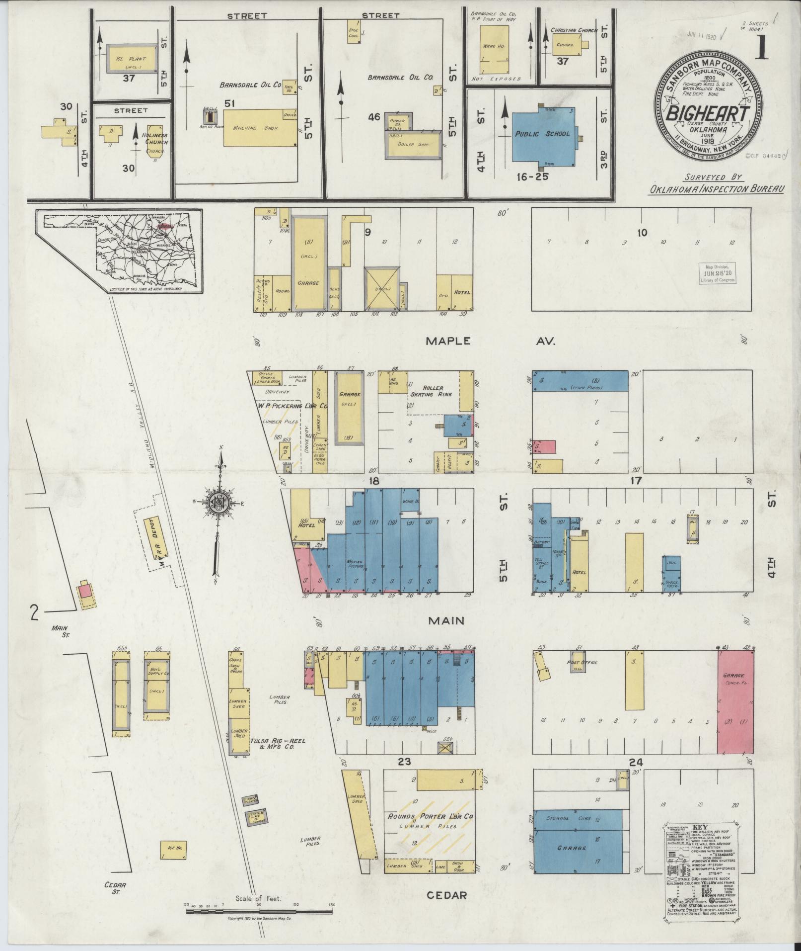Sanborn Fire Insurance Map from Bigheart, Osage County, Oklahoma (1919), Sheet #0001 - Complete Map Set gallery image, historic Sanborn map, vintage wall art, Oklahoma Oklahoma