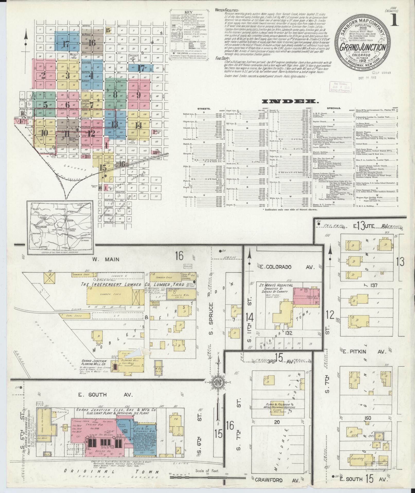 Sanborn Fire Insurance Map from Grand Junction, Mesa County, Colorado (1912), Sheet #0001 - Complete Map Set gallery image, historic Sanborn map, vintage wall art, Colorado Colorado