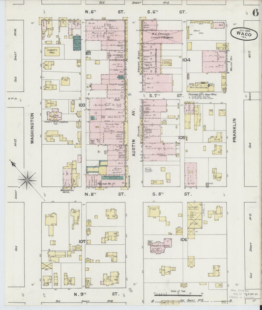 Sanborn Fire Insurance Map from Waco, McLennan County, Texas (1889), Sheet #0006 - Historic Sanborn Fire Insurance Map Print, vintage old map wall art, antique decor, genealogy gift, Texas Texas map