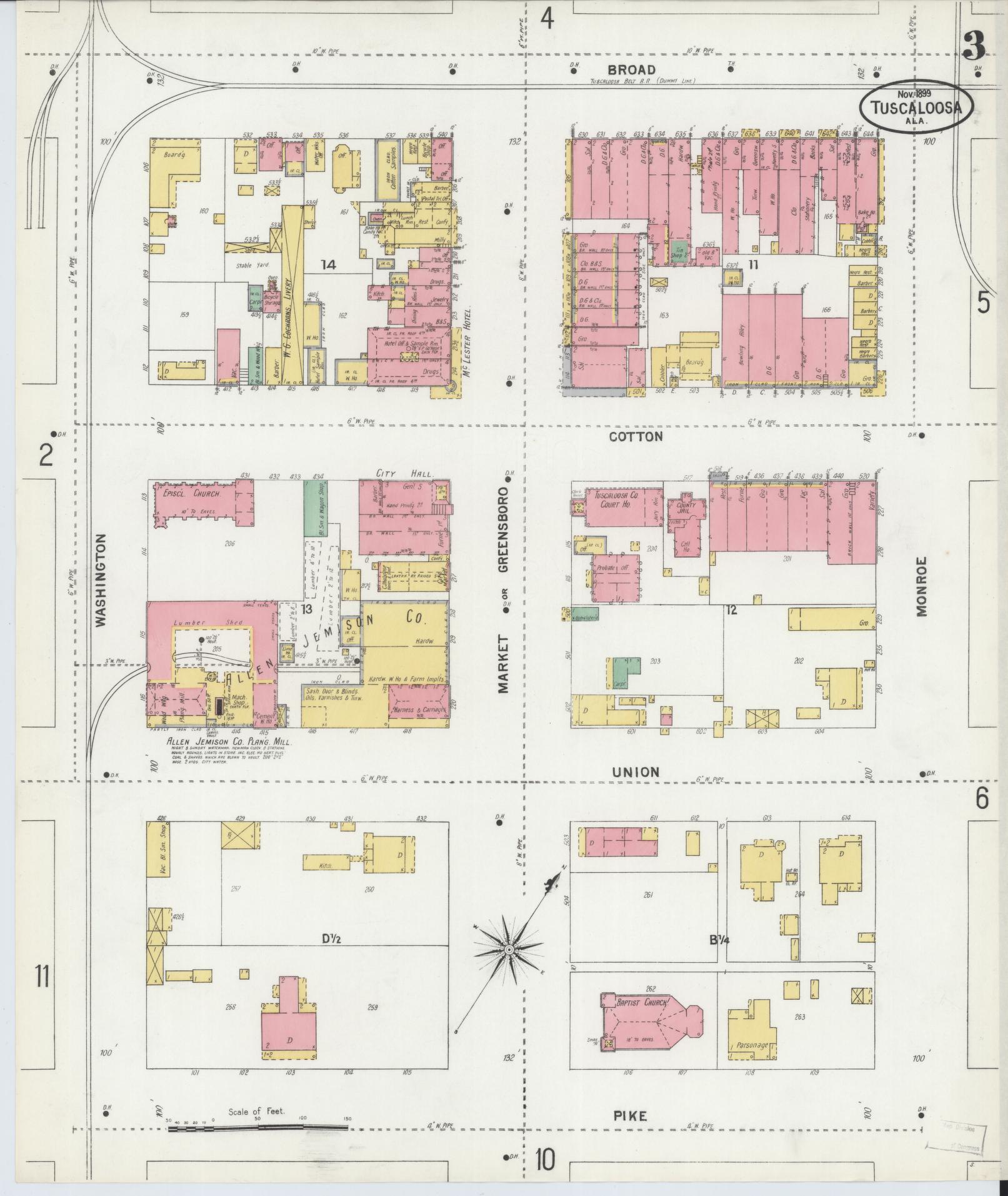 Sanborn Fire Insurance Map from Tuscaloosa, Tuscaloosa County, Alabama (1899), Sheet #0003 - Complete Map Set gallery image, historic Sanborn map, vintage wall art, Alabama Alabama