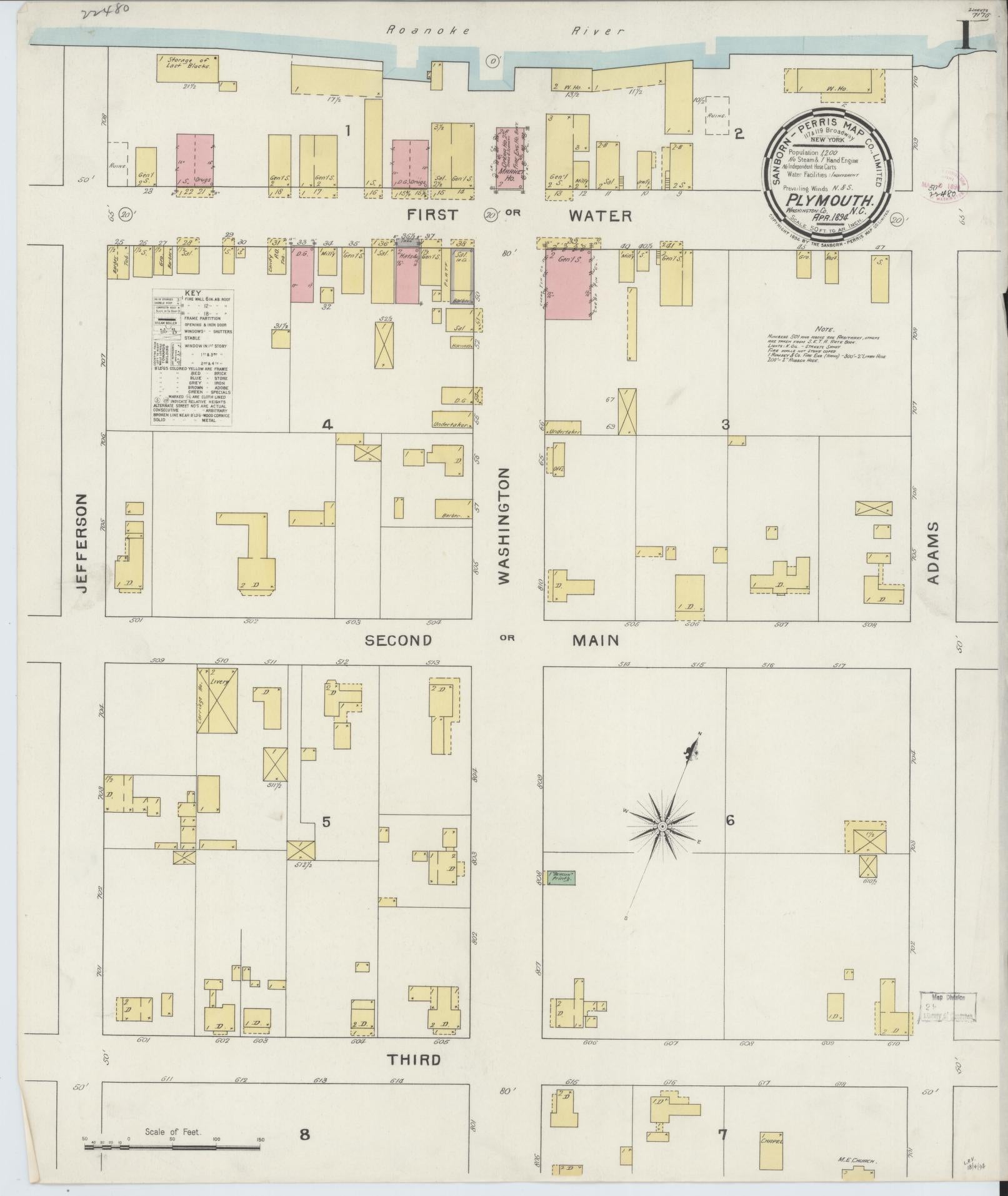 Sanborn Fire Insurance Map from Plymouth, Washington County, North Carolina (1894), Sheet #0001 - Complete Map Set gallery image, historic Sanborn map, vintage wall art, North Carolina North Carolina
