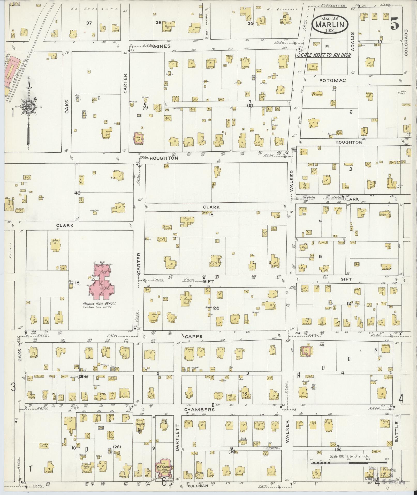 Sanborn Fire Insurance Map from Marlin, Falls County, Texas (1916), Sheet #0005 - Historic Sanborn Fire Insurance Map Print, vintage old map wall art, antique decor, genealogy gift, Texas Texas map