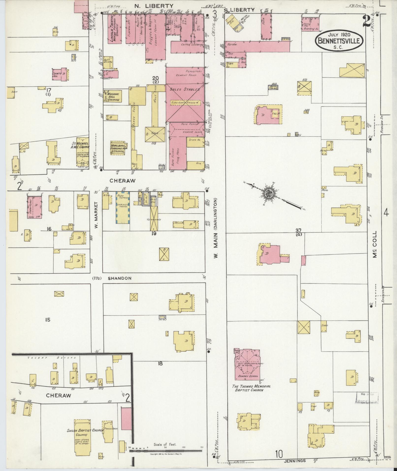 Sanborn Fire Insurance Map from Bennettsville, Marlboro County, South Carolina (1920), Sheet #0002 - Complete Map Set gallery image, historic Sanborn map, vintage wall art, South Carolina South Carolina