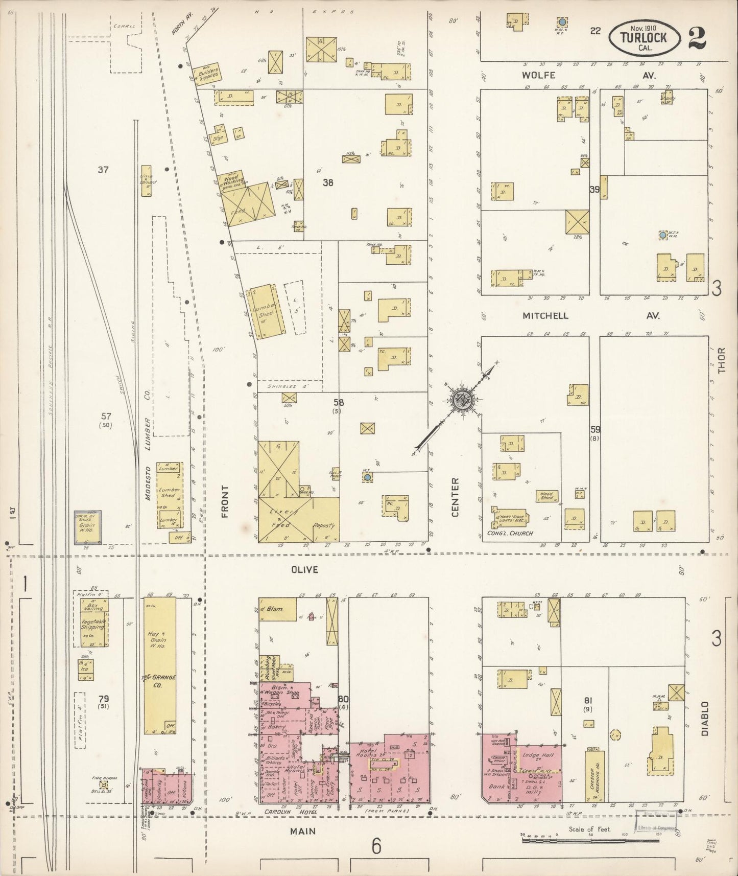 Sanborn Fire Insurance Map from Turlock, Stanislaus County, California (1910), Sheet #0002 - Complete Map Set gallery image, historic Sanborn map, vintage wall art, California California