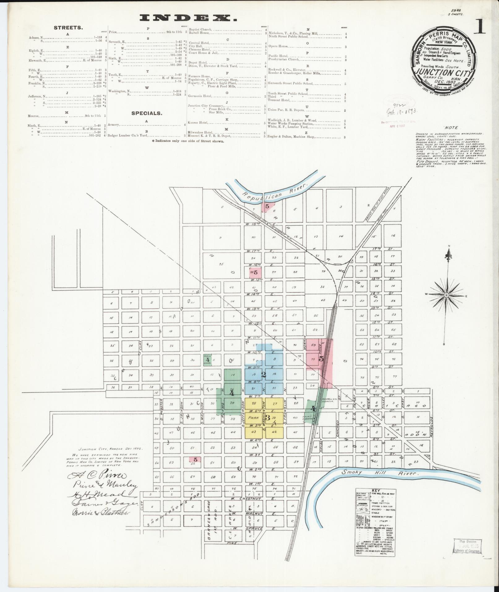 Sanborn Fire Insurance Map from Junction City, Geary County, Kansas (1892), Sheet #0001 - Historic Sanborn Fire Insurance Map Print, vintage old map wall art, antique decor, genealogy gift, Kansas Kansas map