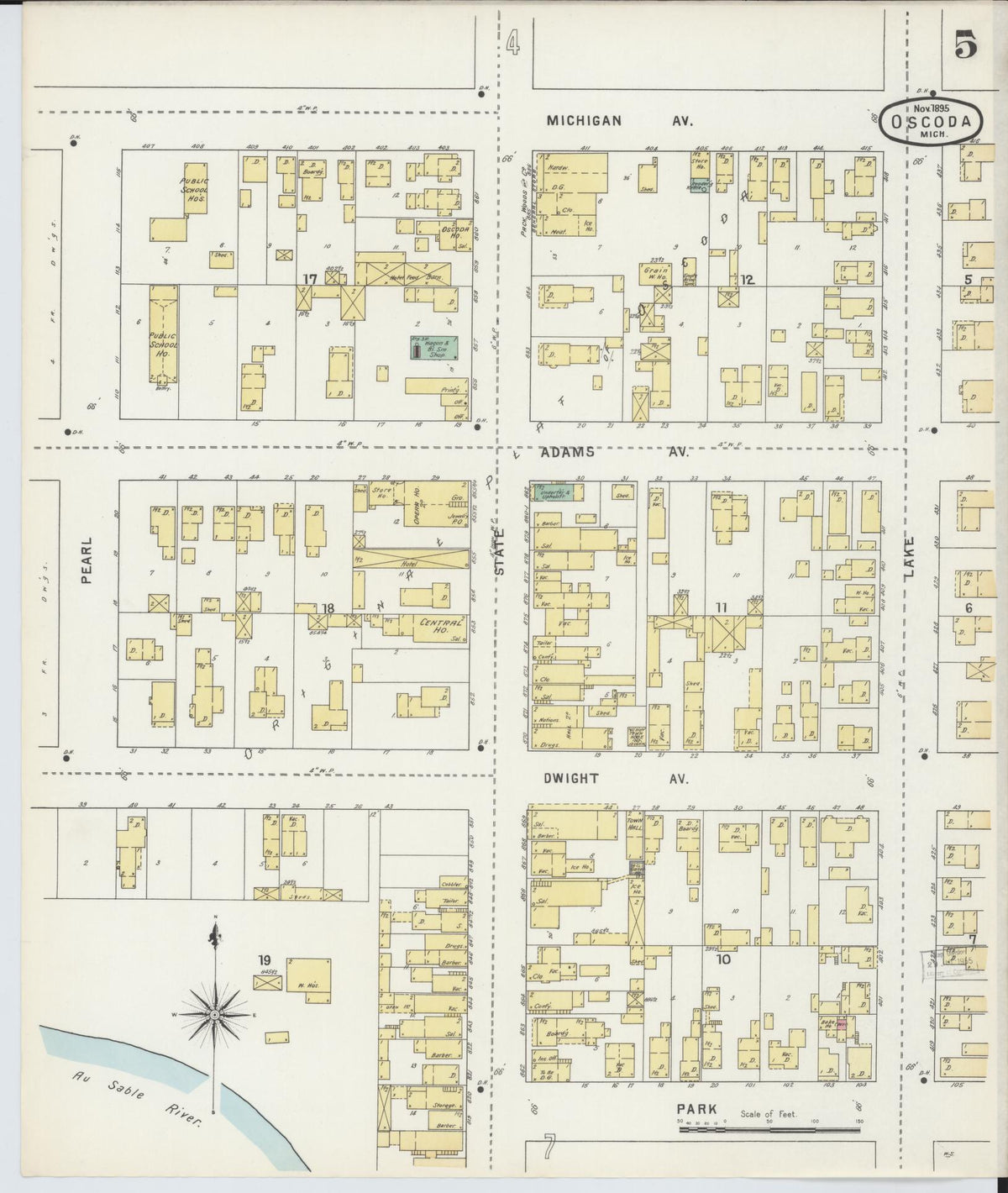 Sanborn Fire Insurance Map from Oscoda, Iosco County, Michigan (1895), Sheet #0005 - Historic Sanborn Fire Insurance Map Print, vintage old map wall art, antique decor, genealogy gift, Michigan Michigan map