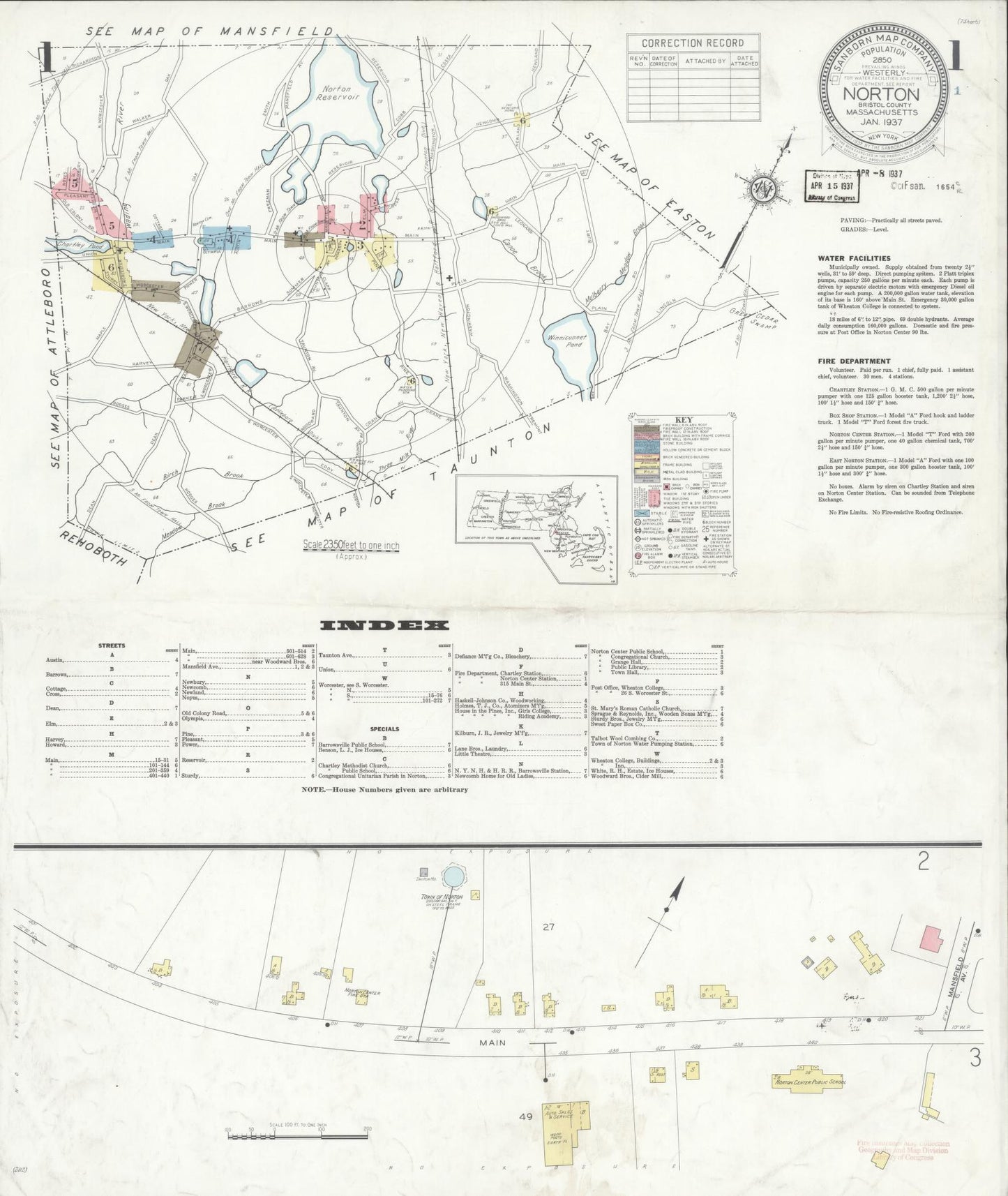 Sanborn Fire Insurance Map from Norton, Bristol County, Massachusetts (1937), Sheet #0001 - Complete Map Set gallery image, historic Sanborn map, vintage wall art, Massachusetts Massachusetts