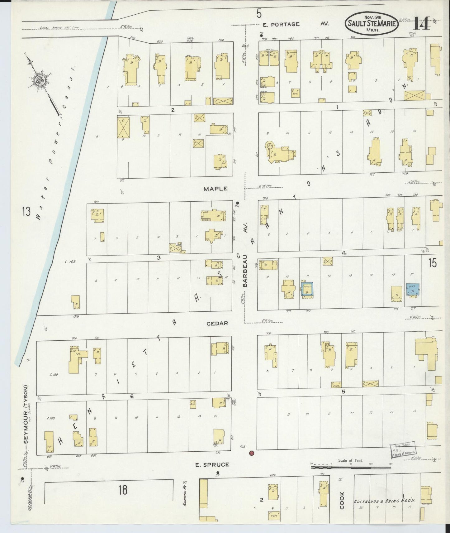 Sanborn Fire Insurance Map from Sault Sainte Marie, Chippewa County, Michigan (1915), Sheet #0014 - Historic Sanborn Fire Insurance Map Print, vintage old map wall art, antique decor, genealogy gift, Michigan Michigan map