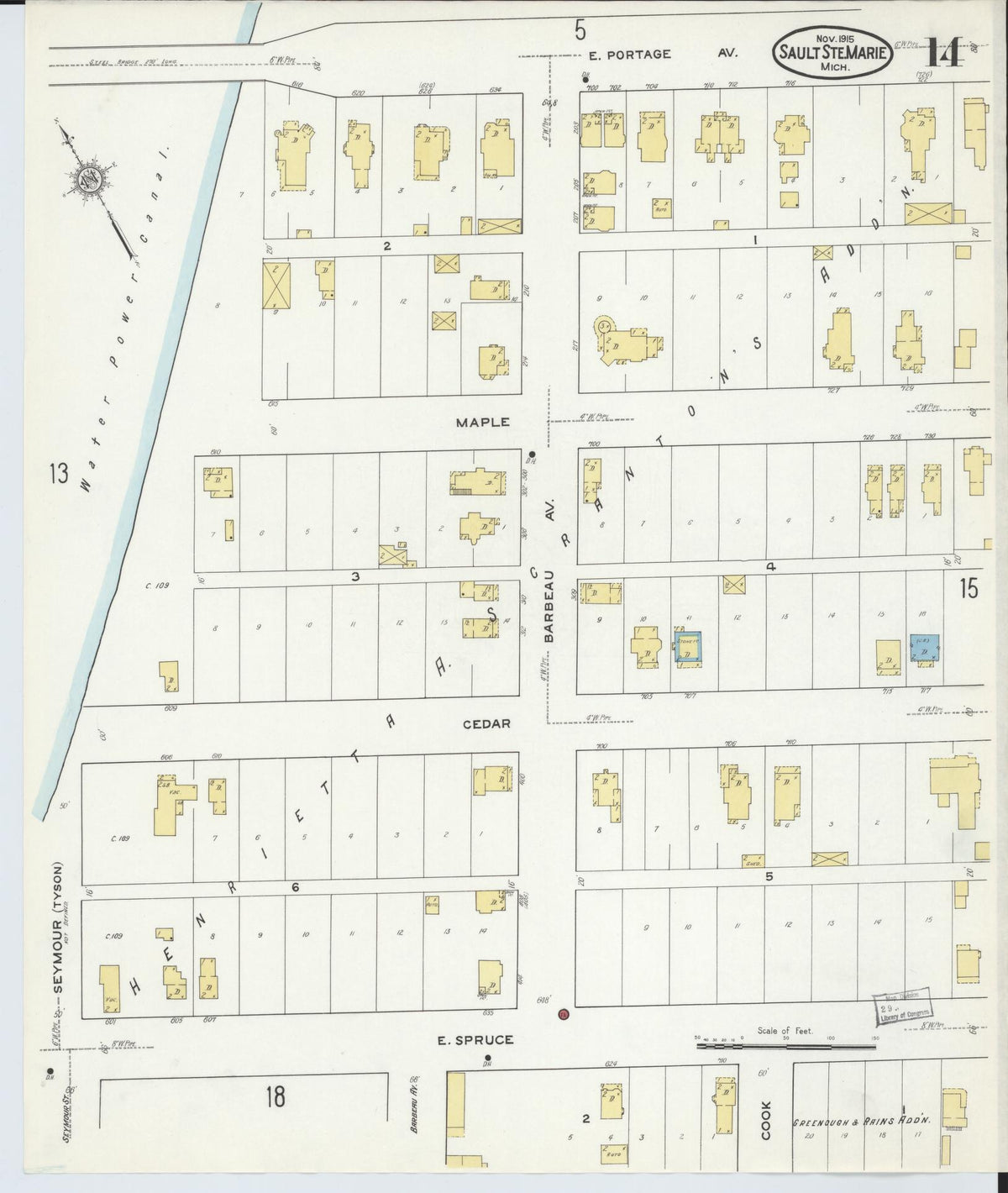 Sanborn Fire Insurance Map from Sault Sainte Marie, Chippewa County, Michigan (1915), Sheet #0014 - Historic Sanborn Fire Insurance Map Print, vintage old map wall art, antique decor, genealogy gift, Michigan Michigan map