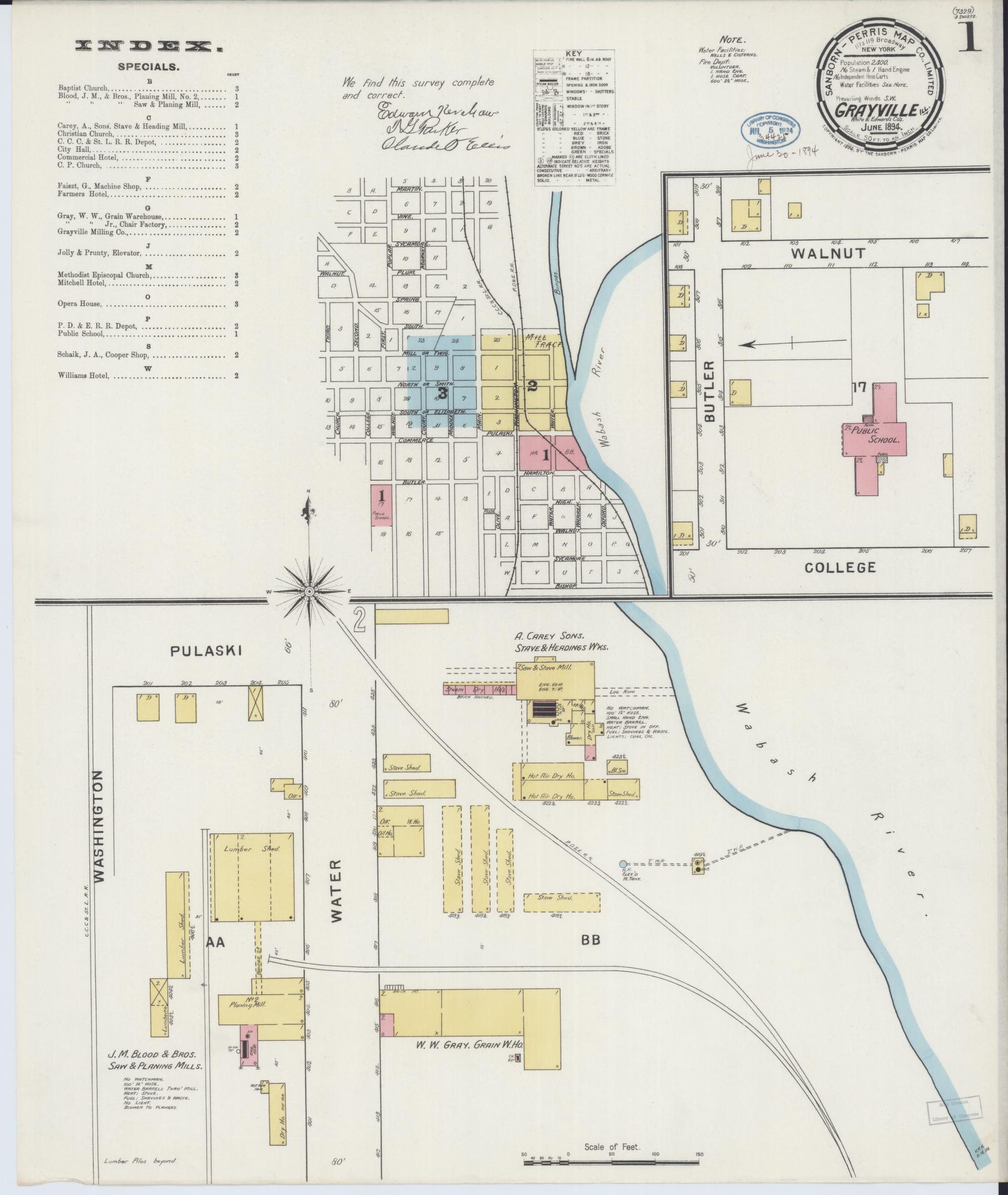 Sanborn Fire Insurance Map from Grayville, White And Edwards Counties, Illinois (1894), Sheet #0001 - Complete Map Set gallery image, historic Sanborn map, vintage wall art, Illinois Illinois