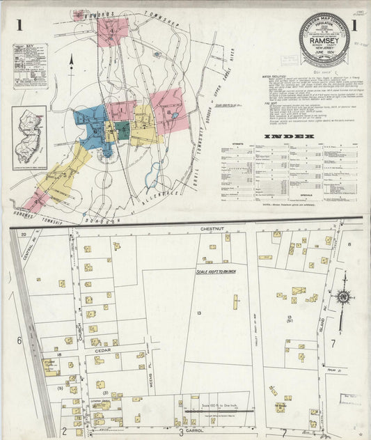Sanborn Fire Insurance Map from Ramsey, Bergen County, New Jersey (1924), Sheet #0001 - Historic Sanborn Fire Insurance Map Print, vintage old map wall art, antique decor, genealogy gift, New Jersey New Jersey map