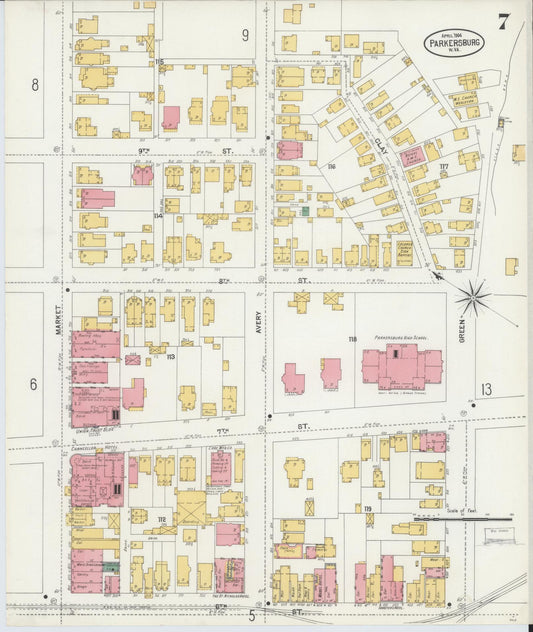Sanborn Fire Insurance Map from Parkersburg, Wood County, West Virginia (1904), Sheet #0007 - Historic Sanborn Fire Insurance Map Print, vintage old map wall art, antique decor, genealogy gift, West Virginia West Virginia map