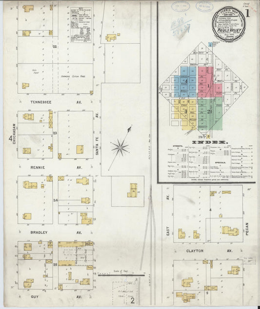 Sanborn Fire Insurance Map from Pauls Valley, Garvin County, Oklahoma (1898), Sheet #0001 - Complete Map Set gallery image, historic Sanborn map, vintage wall art, Oklahoma Oklahoma