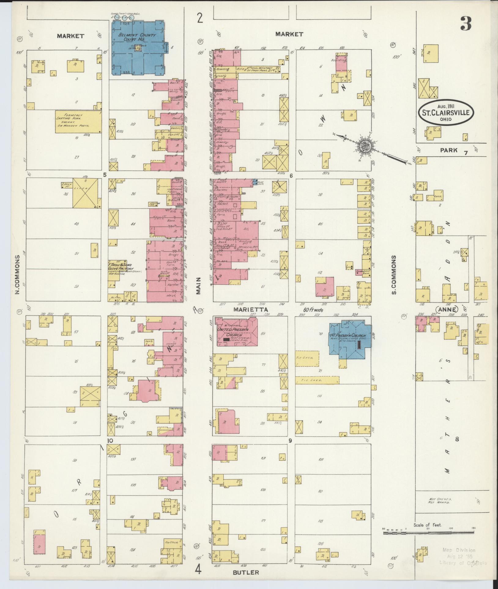 Sanborn Fire Insurance Map from Saint Clairsville, Belmont County, Ohio (1911), Sheet #0003 - Historic Sanborn Fire Insurance Map Print, vintage old map wall art, antique decor, genealogy gift, Ohio Ohio map