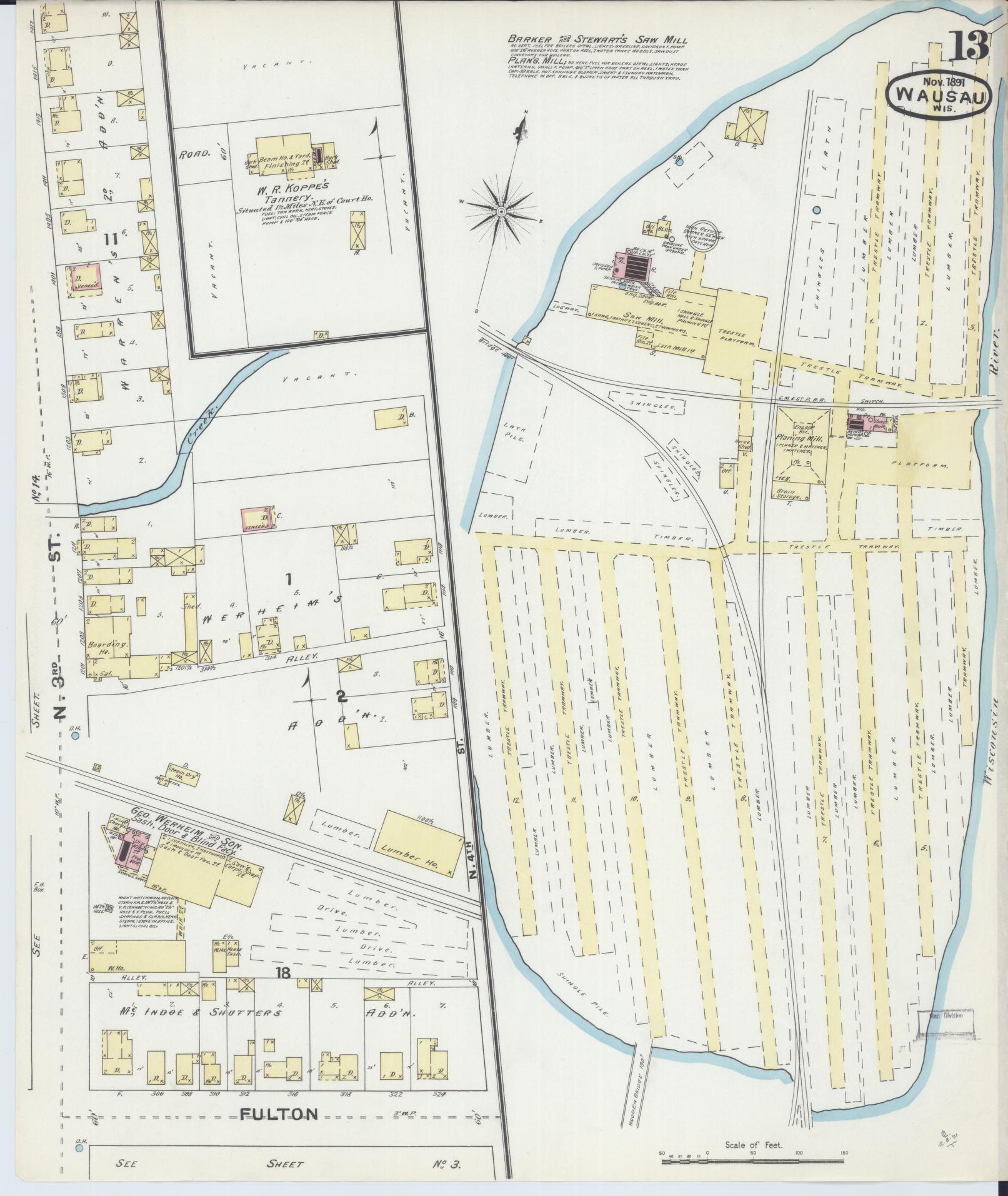 Sanborn Fire Insurance Map from Wausau, Marathon County, Wisconsin (1891), Sheet #0013 - Historic Sanborn Fire Insurance Map Print, vintage old map wall art, antique decor, genealogy gift, Wisconsin Wisconsin map
