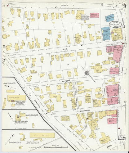 Sanborn Fire Insurance Map from Milford, Worcester County, Massachusetts (1910), Sheet #0009 - Complete Map Set gallery image, historic Sanborn map, vintage wall art, Massachusetts Massachusetts